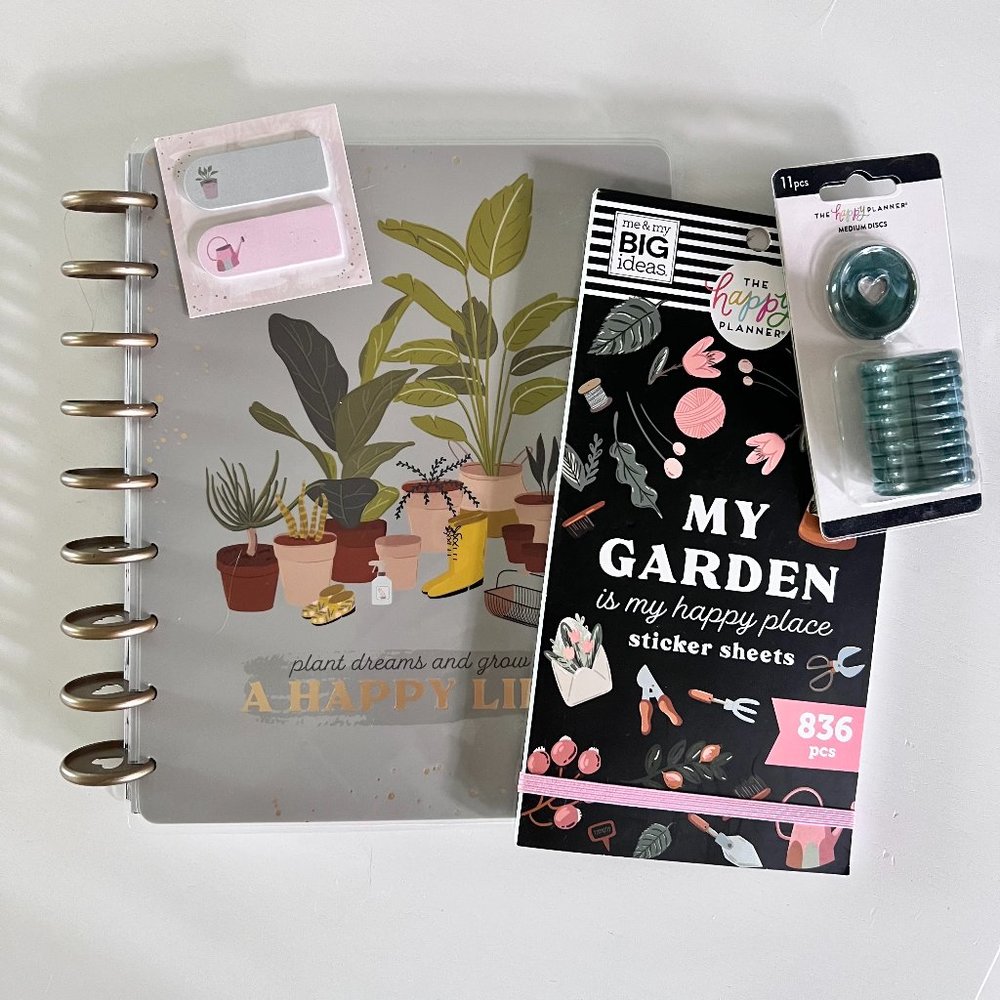 Happy Planner Bundle - Undated Garden Planner, Sticker Book, Discs and Post its